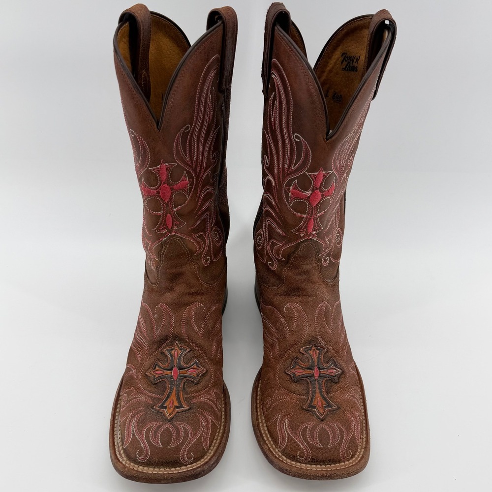 Tony Lama Women's 6.5 B Brown Western Cowboy Boots Square Toe Cross Embroidery - Picture 5 of 9